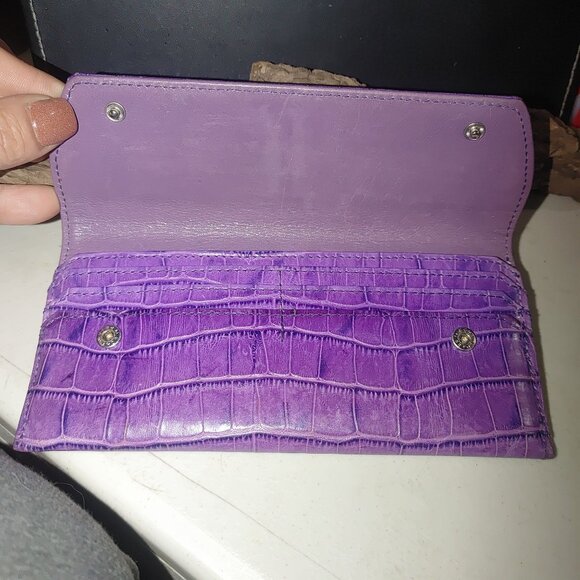 Leather Wallet Abas Lavender Purple Crocodile Embossed Snap Closure - Picture 8 of 13